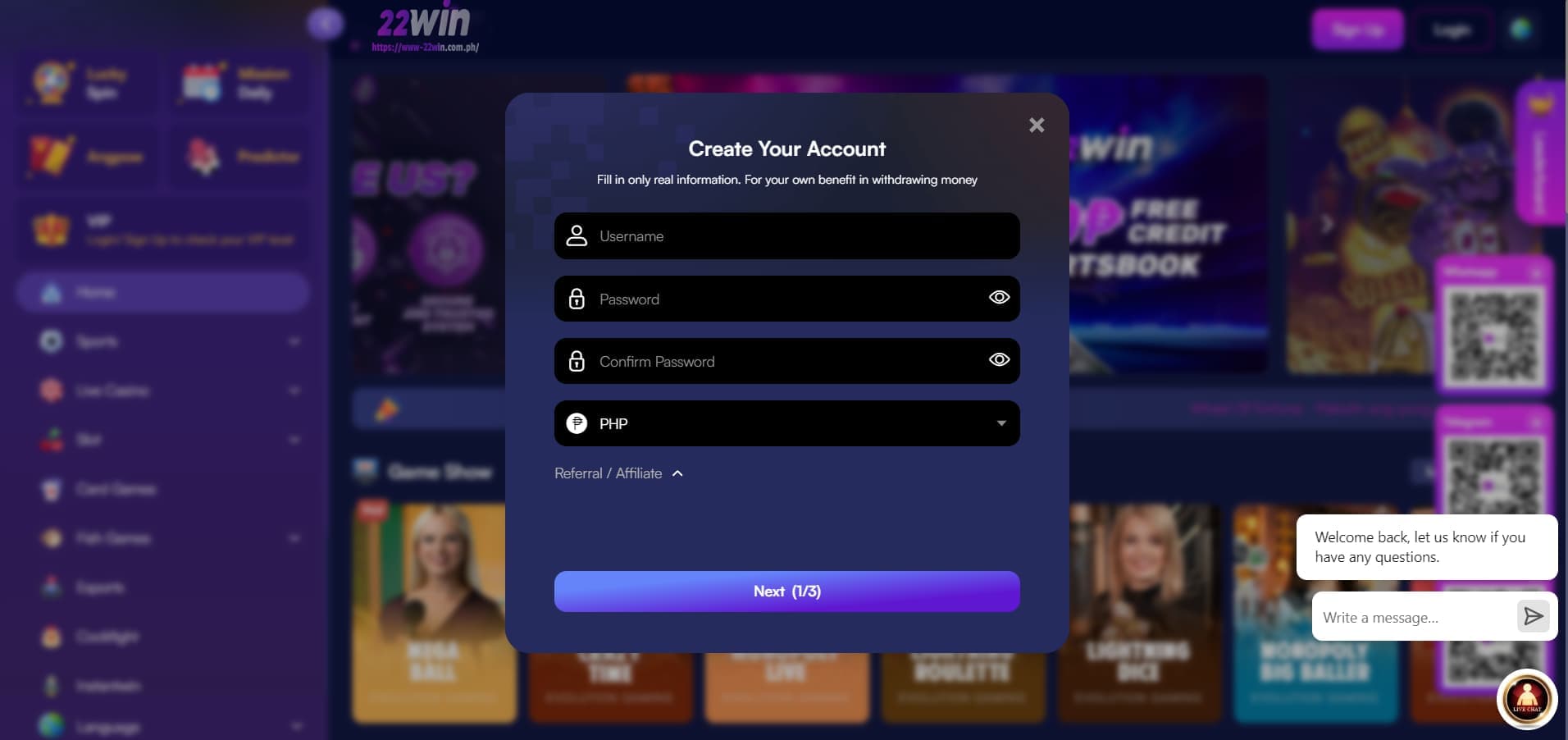 casino account 22win 88